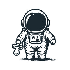 Cute astronaut holding a pacifier. Black white vector icon and logo illustration.