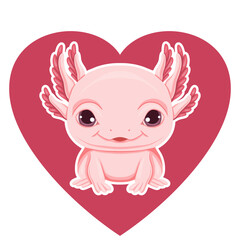 Vector illustration of cute cartoon pink axolotl in heart. Axolotl lover and keeper. Valentines day card. Clipart with cute amphibian