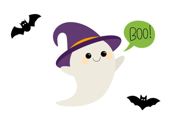 Halloween ghost character in hat. Elements for design, scrapbooking, sticker, postcard, poster. 