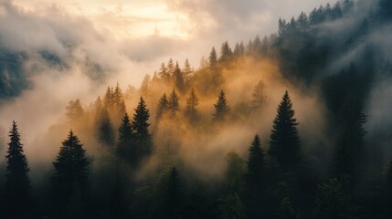 Naklejka premium Misty sunrise over a lush forest, showcasing a golden glow through the clouds.