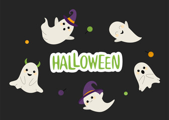 Halloween party set with ghosts and lettering. Cute spooks for the design of card, invitation, flyer, poster, scrapbooking.