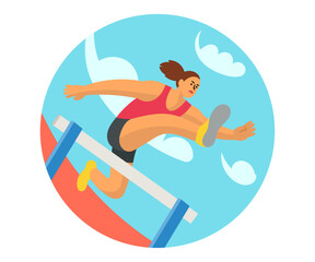 Athletes flying hurdles in athletics.