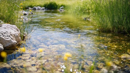 Obraz premium A serene stream surrounded by lush greenery and flowers, reflecting nature's beauty and tranquility.