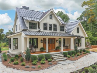 Contemporary Two-Story House with Large Windows and Porch