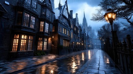 A misty, cobblestone street lined with historic buildings, lit by gas lamps. The street reflects...