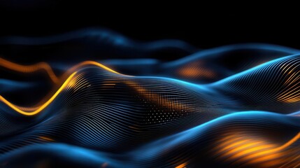 Abstract blue and gold digital waves flowing in a dark background.