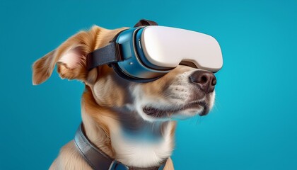 Dog wearing VR glasses and a hoodie, sky blue background, Technology concept.