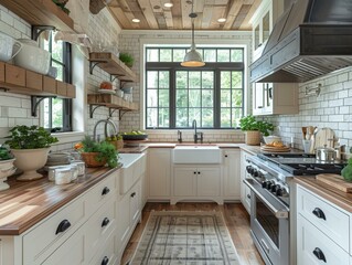 Beautiful Kitchen with Wooden Ceiling and White Cabinets