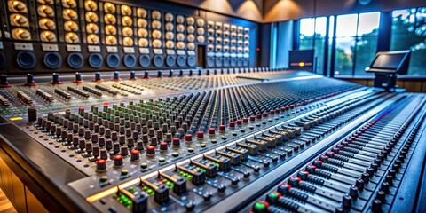 Fototapeta premium Sound mixer audio mixing console in a music recording studio setting, sound mixer