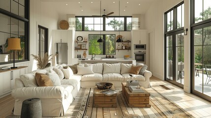 Modern Living Room with Large Windows and Wooden Flooring