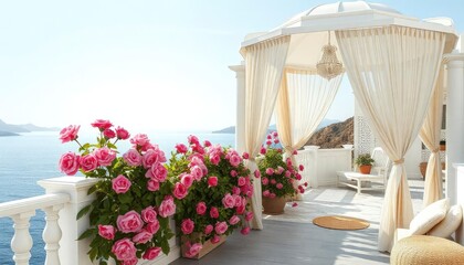 Beautiful views of the sea and a white gazebo from the terrace in pink flowers and beige curtains. Digital collage, mural and mural. Wallpaper. Poster design. Modular panel. 3d render, ai