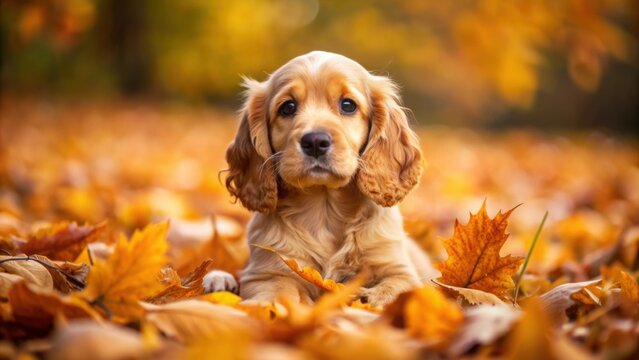 Golden brown cocker spaniel puppy playing in autumn leaves, Autumn, puppy, dog, cocker spaniel, golden brown, cute, playful, leaves