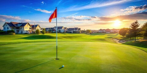 Obraz premium Flag and hole at golf club on a sunny day with surrounding houses , golf, club, sport, hole, flag, green, course, grass, outdoors, sunny