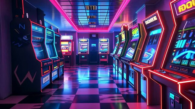 A colorful, neon-lit retro arcade with rows of classic video game machines