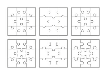 Jigsaw outline grid set with 9 details. Scheme of thinking game collection. Square puzzle pieces grid. Modern background with separate shapes. Mosaic silhouette. Cutting template. Vector illustrator