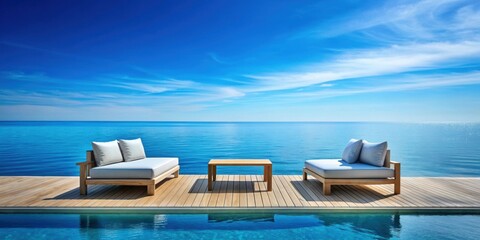 Fototapeta premium Sitting area with blue water background, providing a serene and beautiful setting, sitting area, relaxation, blue water