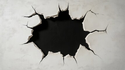 Hole in the Wall with Cracked Surrounding Texture. Deep hole in a white wall with cracks around it