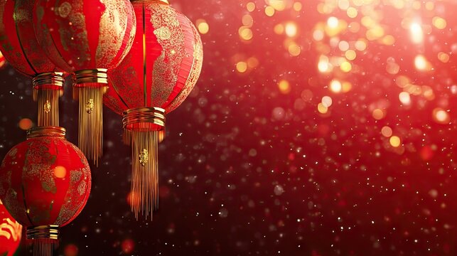 Chinese New Year with festive red lanterns and golden symbols, leaving room for copy space.