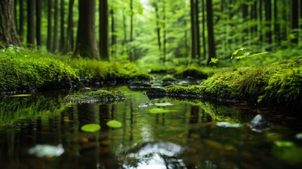 Obraz premium A tranquil forest stream flows through lush green moss and foliage, creating a serene and peaceful atmosphere.