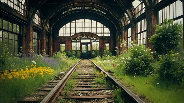 Video footage of abandoned railway station that has been overtaken by nature,architecture features large arched windows and a curved ceiling
