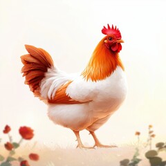 Fototapeta premium Realistic Illustration of a Chicken in a Field A detailed and realistic illustration of a chicken standing in a field with soft, warm lighting, ideal for agricultural or animal-themed content