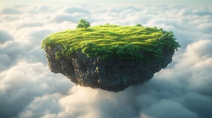 A 3D rendered image of a floating slice of land with a green grass surface, creating a surreal and isolated