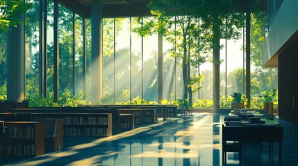 Fototapeta premium Sunlit Serenity: A tranquil library interior bathed in sunlight through towering windows, illuminating the shelves of books.