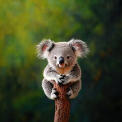 Obraz premium Cute Koala Joey Perched on Tree Trunk A charming image of a koala joey perched on a tree trunk, set against a blurred green background, ideal for wildlife, nature, or conservation-related content