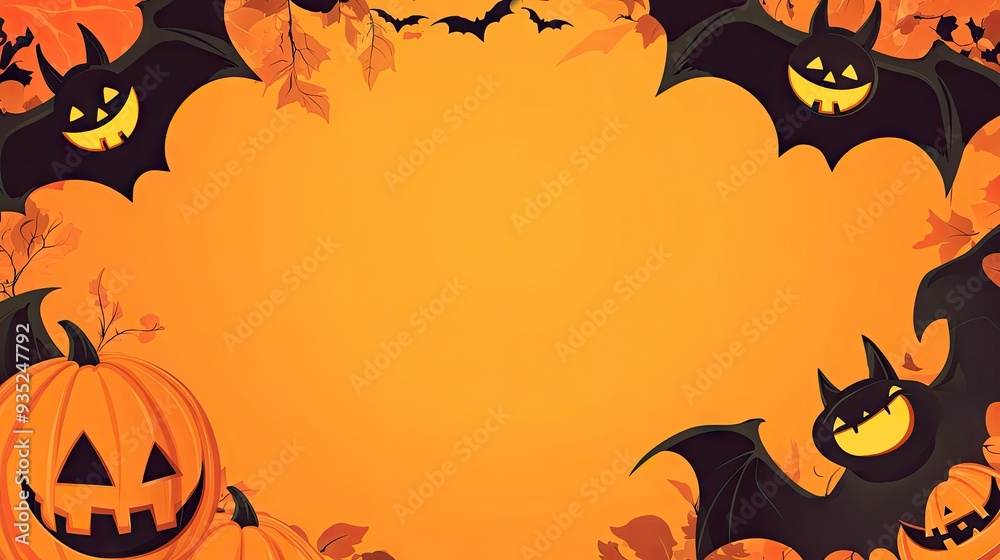 Wall mural Cute cartoon bats and smiling pumpkins create a fun Halloween background with a clear area in the middle for copy space.