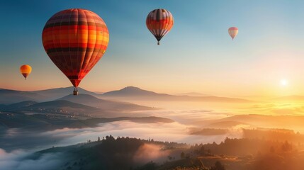 Fototapeta premium Hot air balloon floats high above, offering a breathtaking view of the surrounding mountains, emphasizing the vastness and beauty of the landscape
