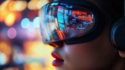 A woman wearing VR headset with a digital interface reflected in the lenses.