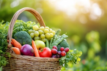 A wicker basket with vegetables and fruits on the background of the garden symbolizes a healthy diet
