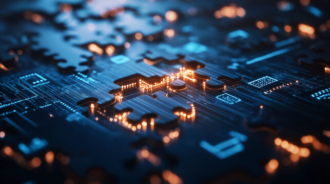 Glowing digital puzzle pieces connecting over an abstract, tech-inspired background, representing the integration and interoperability of APIs