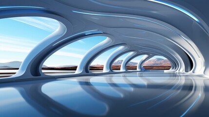A futuristic indoor architectural scene featuring smooth designs with circular curves and hollow spaces