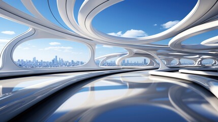Naklejka premium A futuristic indoor architectural scene featuring smooth designs with circular curves and hollow spaces