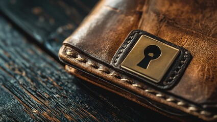 A Detailed Look at a Classic Brown Leather Wallet with a Keyhole Emblem Set Against a Dark Wooden Background, Emphasizing Craftsmanship and Timeless Design Aesthetic.