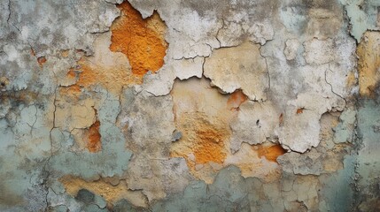 Weathered Cracked Wall Texture with Peeling Paint in Earth Tones Including Orange and Grey Hues
