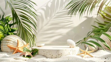 Obraz premium 1. A minimalistic composition featuring an empty stone platform podium surrounded by lush palm leaves, sea shells, and starfish on a pristine white beach sand background, designed for a front view