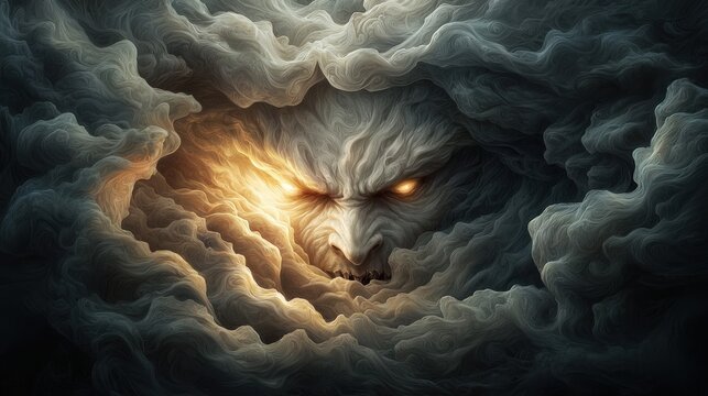 A demon face emerging from a mass of writhing shadows, capturing the essence of fear and the unknown