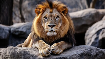 Obraz premium A majestic lion resting on a rock, showcasing its powerful presence and beautiful mane in a natural setting.