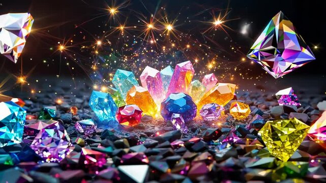 Vibrant gemstones burst from darkness, exploding with radiance. Various colors of crystals create a dazzling display of light and brilliance, enhanced by sparkling particle effects.	