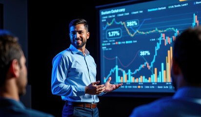 Confident Indian Businessman Presenting Market Growth Analysis with Impressive Data Charts