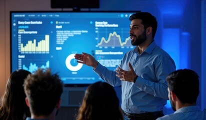 Indian Businessman Presents Data Driven Insights to Corporate Team