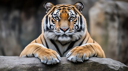 Obraz premium A majestic tiger resting on a rock, showcasing its striking fur and intense gaze in a natural setting.
