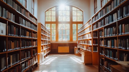 Sunlit Serenity: A tranquil library interior bathed in sunlight through towering windows, illuminating the shelves of books.