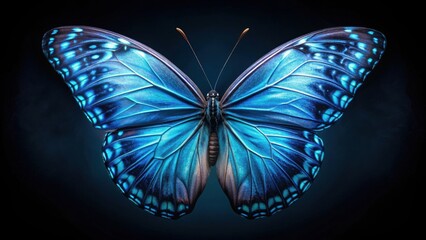 Blue butterfly with intricate patterns on its wings against a dark black background, blue, butterfly, insect, wildlife