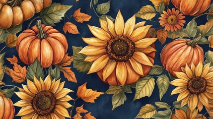 Fototapeta premium Lovely hand drawn Thanksgiving seamless pattern with pumpkins and sunflowers, great 