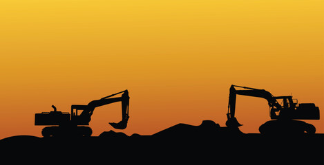 silhouette of an excavator digging the ground with a sunset background  © Steven Mink