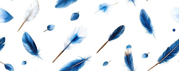 A seamless watercolor illustration of blue boho arrows and feathers with a tribal pattern, set against a white background. 