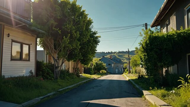 Video footage of  residential street scene during the daytime. There is a road leading downhill with houses on either side, lush green trees, and a clear blue sky.